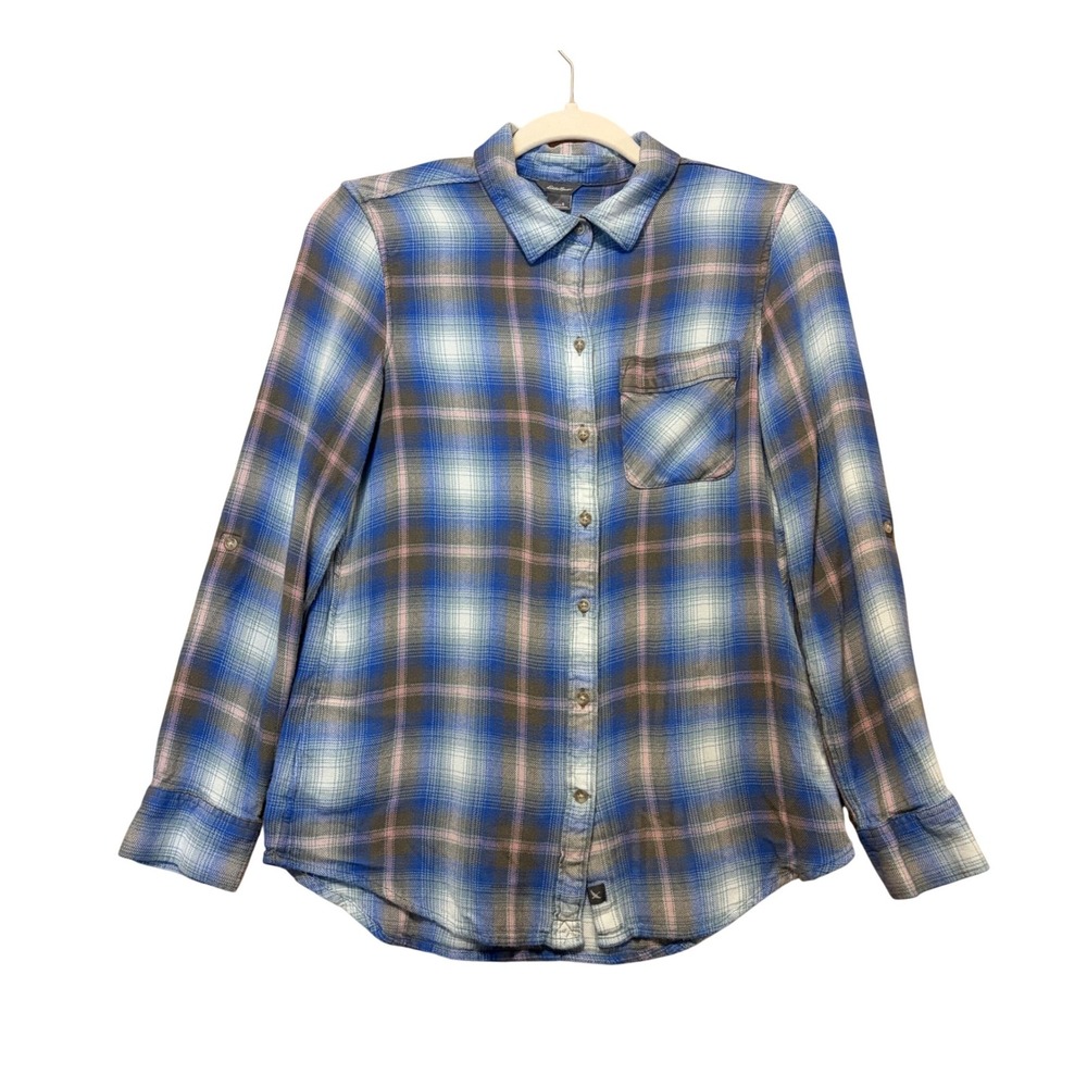 Eddie Bauer Button Up Shirt Women Small Blue Pink Plaid Roll Tab Sleeve Cabin